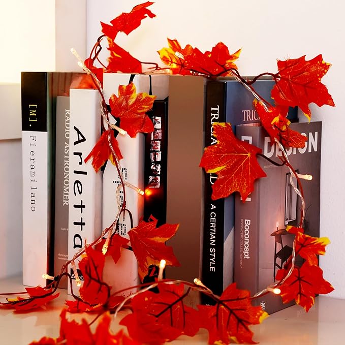 VCOKEN Thanksgiving Decorations Fall Garland with Lights, 24LED Battery Operated Thanksgiving Lights with Timer, Fall Decor for Home, Table, Mantle, Office, Outdoor, Autumn, Halloween, Yellow