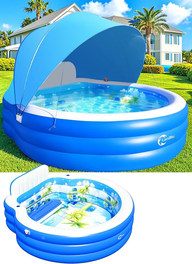 2026 Upgraded Inflatable Pool with Canopy, Inflatable Family Lounge Pool, Round Blow Up Pool for Adult with Bench & Backrest, Swim Center Easy Backyard Pools for Adults, 90"x90"x80", Cyan