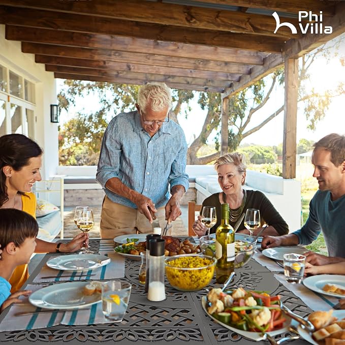PHI VILLA Outdoor 9-Piece Cast Aluminum Dining Set for 8, Square Metal Dining Table with Umbrella Hole & Cushioned Wicker Rattan Chairs, Patio Dining Set