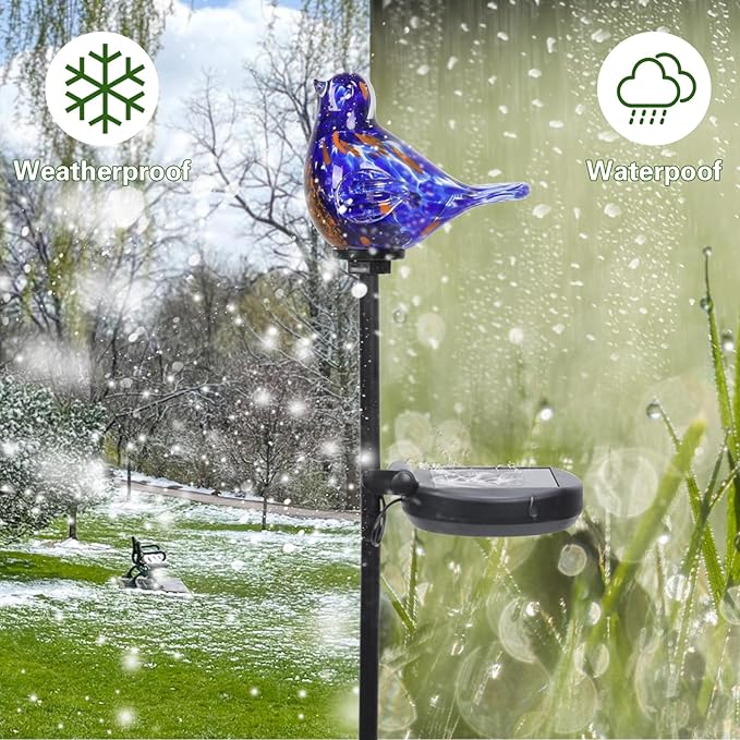 Afirst Decorative Solar Lights Outdoor Solar Bluebird Stake Lights Hand Blown Glass Decorative Garden Pathway Lights Outdoor Waterproof Glass Stakes Dark Blue