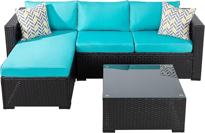 Shintenchi 3 Pcs Patio Furniture Set,Outdoor Sectional Black Wicker Patio Conversation Set,All-Weather Rattan Patio Couch with Washable Cushions and Glass Coffee Table