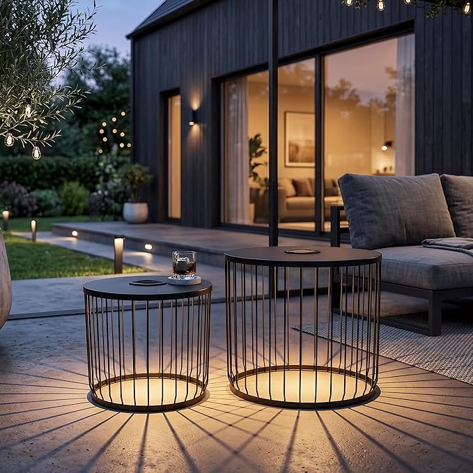 Solar Nesting Side Table Set of 2, Modern Black Metal Wire Round End Tables with Dusk to Dawn LED Light & On/Off Switch, Industrial Accent Tables for Patio, Balcony, Living Room, Garden (Solar 2)