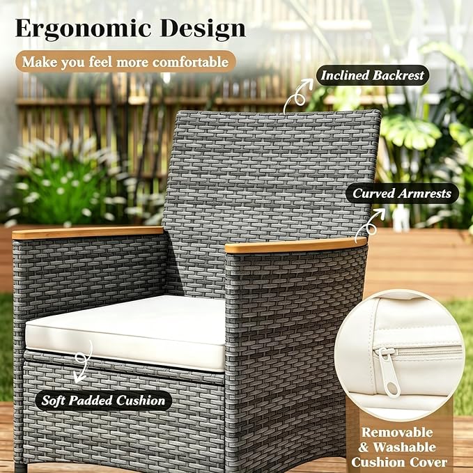 COSTWAY 9-Piece Patio Dining Set for 8, Outdoor Rattan Wicker Table and Chairs Furniture Set with Umbrella Hole, Acacia Wood Tabletop for Backyard, Balcony, Poolside, Grey & White