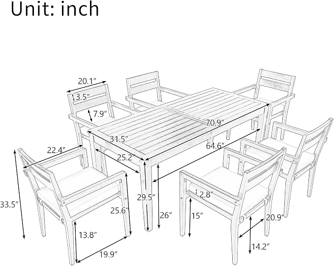 7 Piece Patio Dining Table Set with Removable Cushion, Outdoor Acacia Wood Furniture Set for Garden, Backyard, Lawn, Poolside (A-Burly Wood)