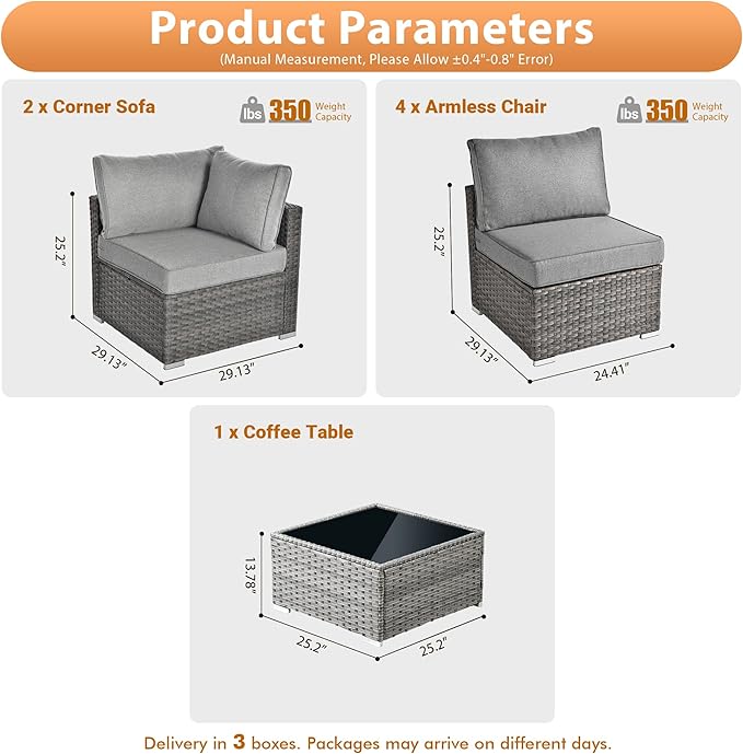7 PCS Outdoor Patio Furniture Sets,Wicker Weather Resistant Patio Conversation Set with Comfy Cushions,Modular L Shaped Sofa with Coffee Table for Yard Backyard Porch Garden Poolside,Dark Grey