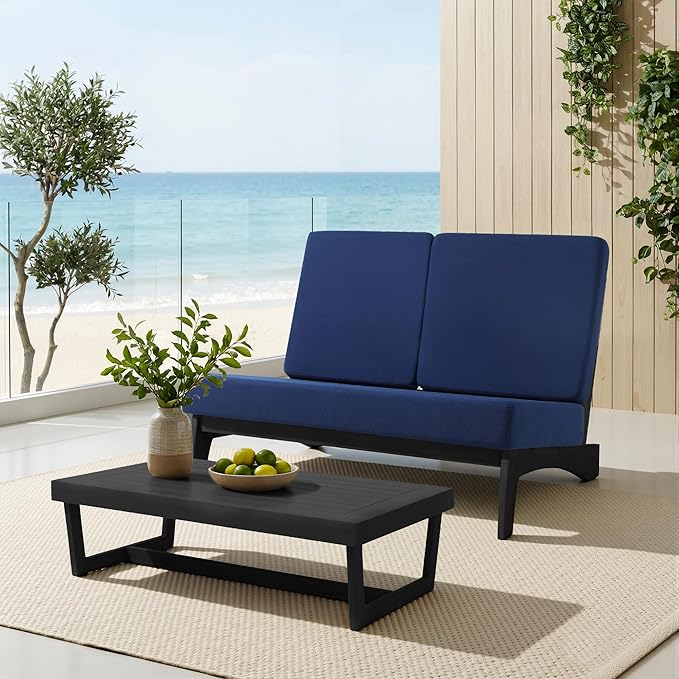 UIXE 2 Pieces All Weather Wood Patio Furniture Sets, Patio Loveseat Outdoor Sofa with Solid Wooden Coffee Table, Black Teak - Navy Blue