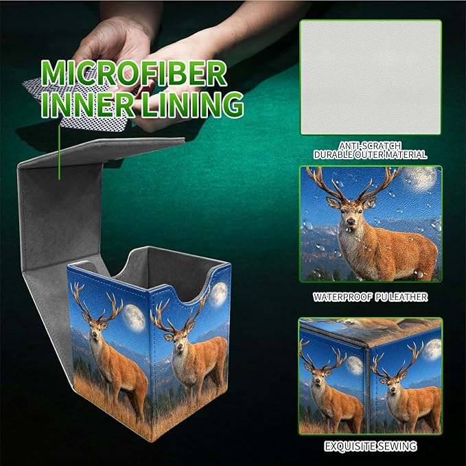 Grassland Deer Card Deck Box for MTG, Personalized Card Storage Case Fits 120+ Sleeved Cards, Premium Leather TCG Box with Strong Magnetic Closure for Magic, CCG, PTCG, Baseball Cards
