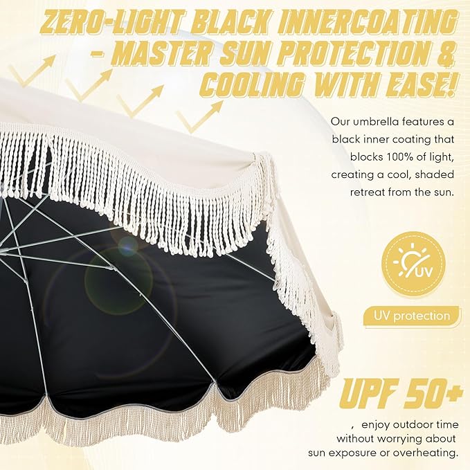 6.5ft Patio Umbrella with Fringe, UPF 50+ UV Boho Outdoor Beach Umbrella with Carry Bag, UV Protection Sun Shade with Tassels for Garden, Deck, Backyard, Poolside Decor
