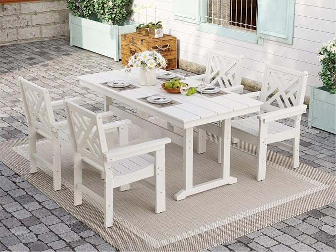 5-Piece Outdoor Dining Set, HDPE All-Weather Patio Table and Chairs Set for 4, Outdoor Patio Furniture Sets with Umbrella Hole for Outside, Deck, Backyard, Garden (White)