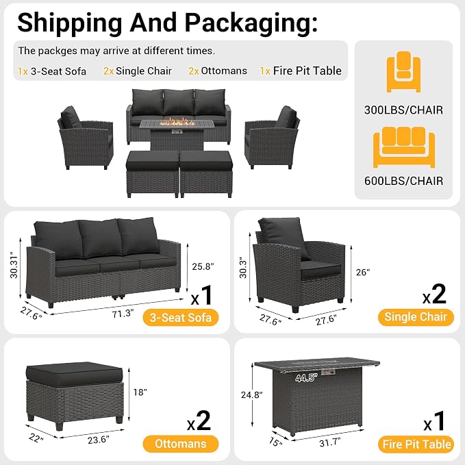 6 Pcs Patio Furniture Set with 44" Propane Gas Fire Pit Table, Rattan Outdoor Couch with Ottomans, 4" Thick Cushions for Backyard Garden Deck.Black