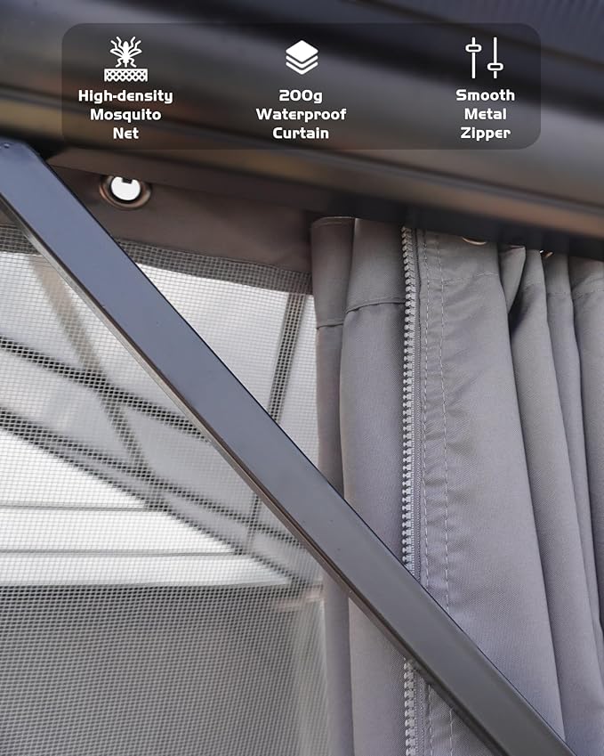 GarveeLife Hardtop Gazebo 12 ft x12 ft for All Weather, with Double Metal Roof, Aluminum Alloy Frame, Net, and Curtain, Permanent Building for Patio, Deck, Backyard, Lawn, and Garden