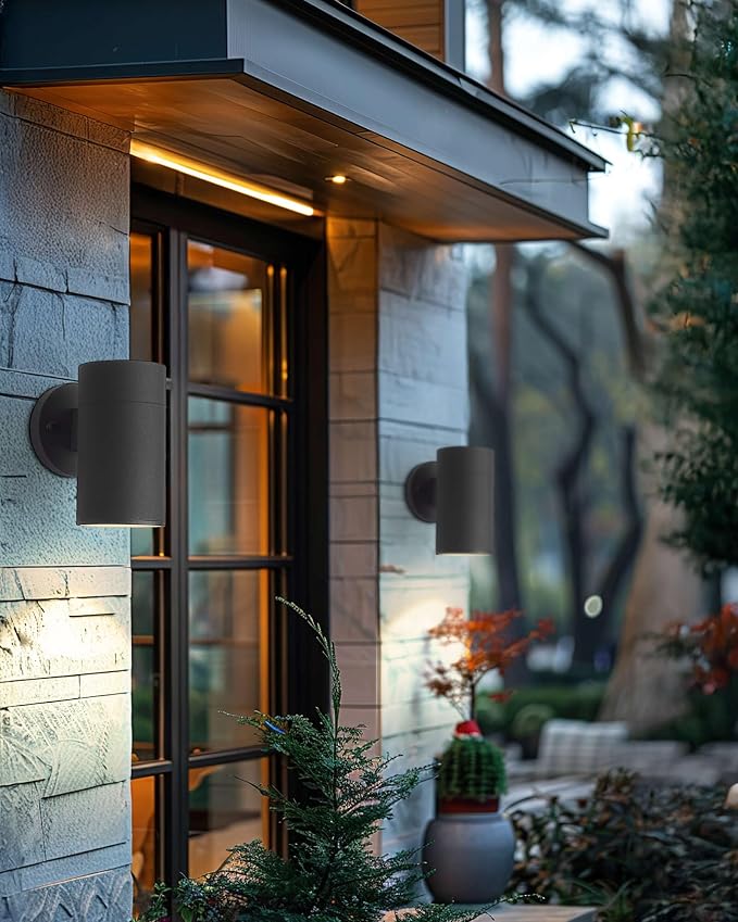 Ken & Ricky Modern Aluminum Outdoor Wall Sconce Lights,Cylinder，Black,2PK | Downward Outside Wall Light With Glass Cover,No Glare Exterior Lighting Fixtures,For House Front Porch Garage Patio Entryway