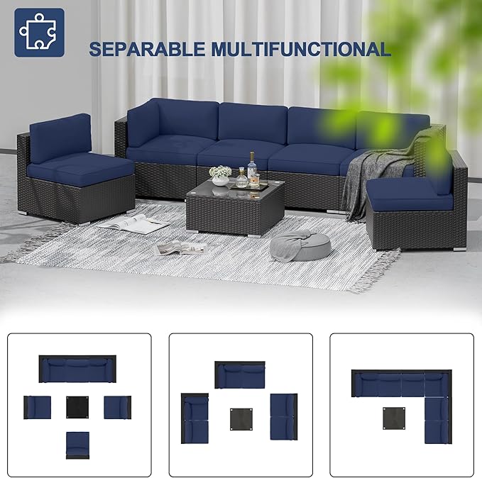 SUNCROWN 7-Piece Outdoor Patio Furniture Sofa Set All-Weather Wicker Sectional Conversation Set with Modern Glass Coffee Table, Cushions and Waterproof Cover,Dark Blue