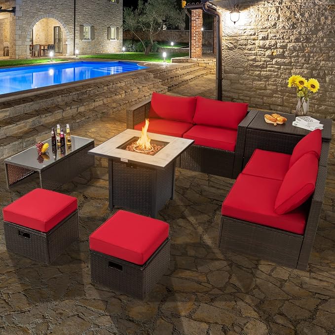 COSTWAY 9 Piece Patio Furniture Set with 30'' Fire Pit Table, Outdoor Wicker Rattan Sectional Sofa Set with 4'' Thickened Cushions, 2 Coffee Tables and 2 Ottomans for Poolside Backyard (Red)