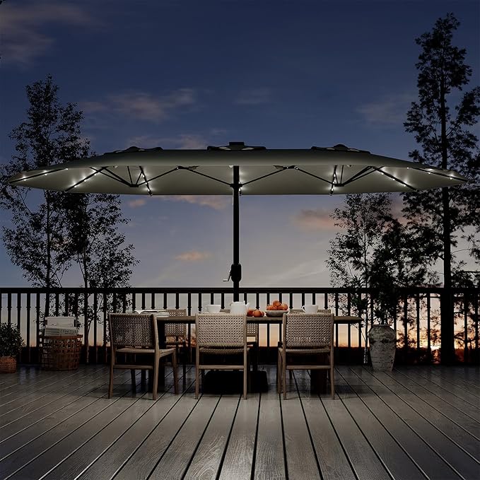 15FT Extra Large Double-Sided Patio Umbrella with Solar LED Lights – Heavy-Duty Rectangular Outdoor Market Umbrella, Fade-Resistant UV Canopy, Included Base for Backyard, Pool, Deck, Garden – Beige/Mist Blue