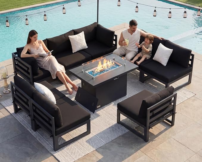 RADIATA 9 Pcs Large Modern Aluminum Outdoor Sofa with Rectangular Fire Pit Table, 29" Deep Wide Seat, 500 lbs Durable Sectional Set for Heavy People, All-Weather Patio Furniture Set for Terrace, Black