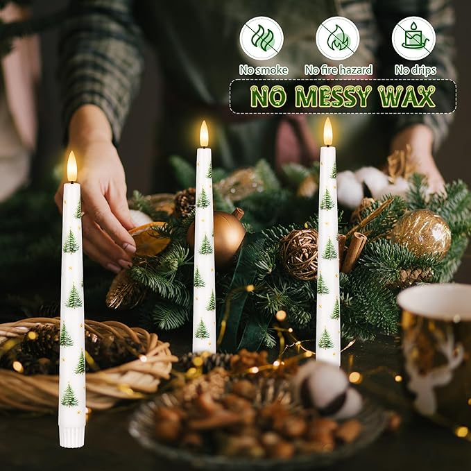 Flameless Taper Candles with Remote, Real Wax Christmas Tree Taper Candles Battery Operated, 9.6" Flickering Xmas LED Candlesticks for Home, Party, Holiday Decor