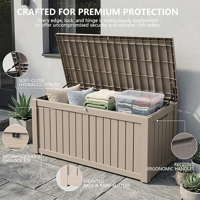 Outdoor Storage Box, 150 Gallon Waterproof Deck Box [Upgraded 3.0], Piston-Assisted Resin Trunk for Sectional Sofa Cushions, High-Capacity Lockable Double Storage Bench, Patio Lounge, Grey