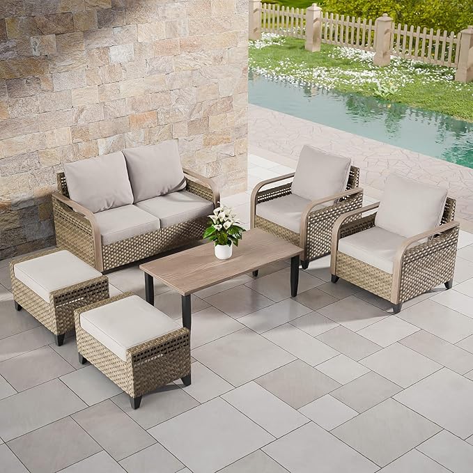 COOS BAY Modern Wicker Outdoor Furniture Set, 6 Piece Patio Conversation Set with 2 Patio Chairs, a 3 Seat Couch, 2 Ottomans and Coffee Table, 6 Piece, Brown/Gray