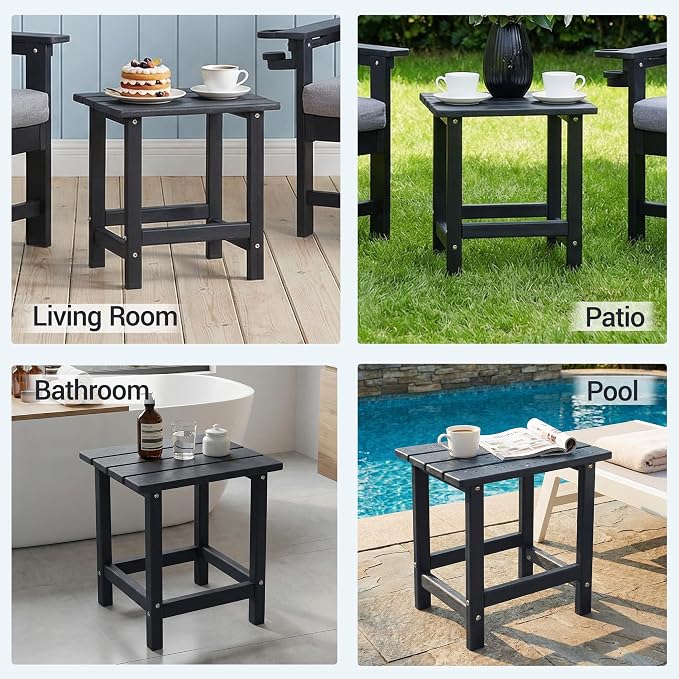 Outdoor Side Table, HDPE Waterproof Patio Side End Tables for Garden, Poolside, Balcony, Deck, Porch, Backyard, Outdoor or Indoor Use, Black, 17.5" L x 12.5" D x 16.5" H