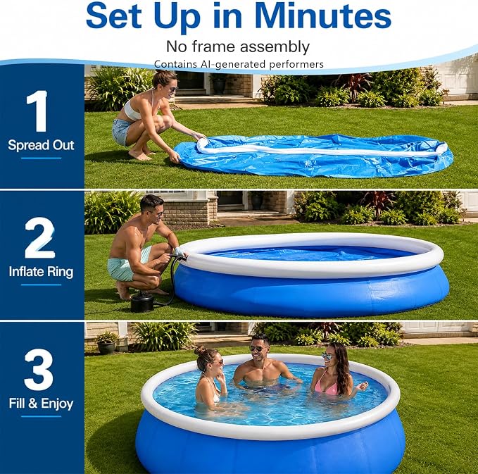 12FT Inflatable Swimming Pool for Family, Round Blow Up Pool for Adults, Garden/Lawn, Foldable Storage,Strong and Durable, No Assembly(144 Inch)