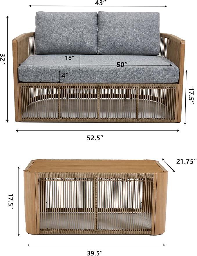 2 Piece Patio Furniture Set, Olefin Rope Patio Conversation Set, Aluminum Patio Sofa Set, 2 Seat Loveseat Couch with Coffee Table, All Weather Outdoor Sectional Furniture for Indoor/Yard, Grey