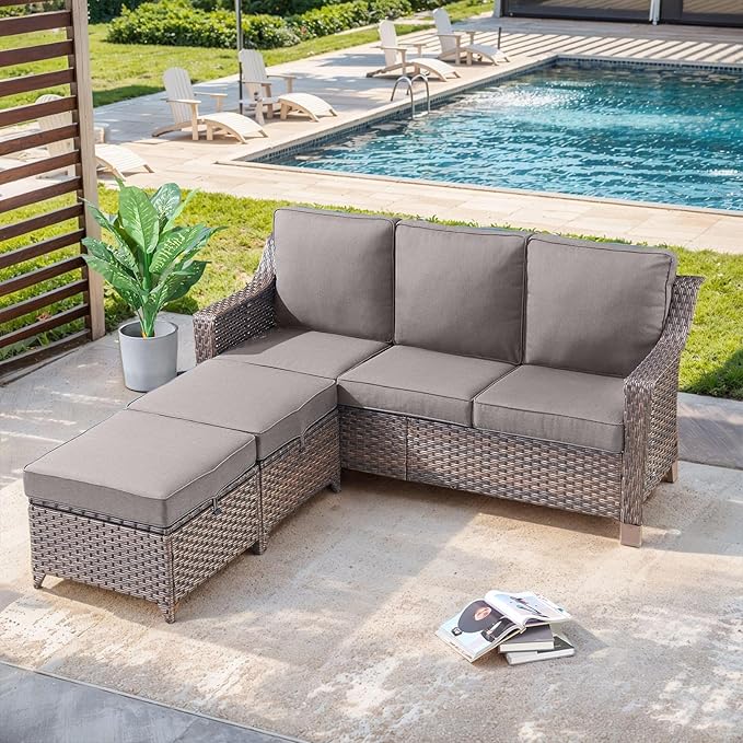 3 Pieces Patio Conversation Sets-All-Weather Wicker Sectional Couch with Ottomans for Deck Balcony Poolside Backyard-Brown/Grey