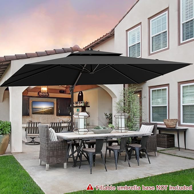 9x12FT Cantilever Patio Umbrella - Heavy Duty Double Layer Offset Design with 360° Rotation, Large Rectangle Sun Shade Umbrella for Garden, Deck, Pool, Backyard, Black