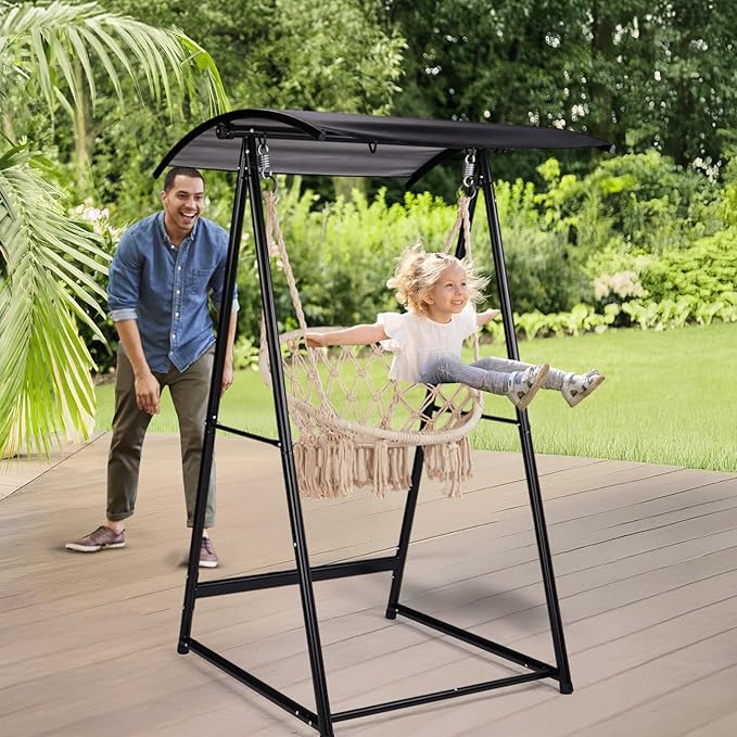 Hammock Stand with Canopy, Premium Outdoor Swing Frame for Hammocks and Hanging Chairs, 600 lb Capacity Steel Stand for Patio, Garden, Backyard
