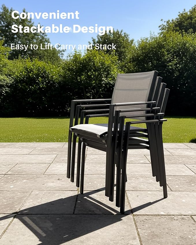 9 Pieces Expandable Outdoor Dining Set, 8 Stackable Double-Layer Textilene Chairs and 63''-83'' Expandable Patio Dining Table, Never-Rust Aluminum Patio Dining Set for Garden, Deck, Limed Oak