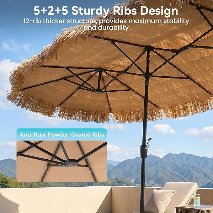 COSIEST 13FT Large Patio Umbrella with Solar Lights, Outdoor Double-Sided Tiki Umbrella, Rectangular Market Umbrella w Crank Handle for Garden、Pool、Deck Shade