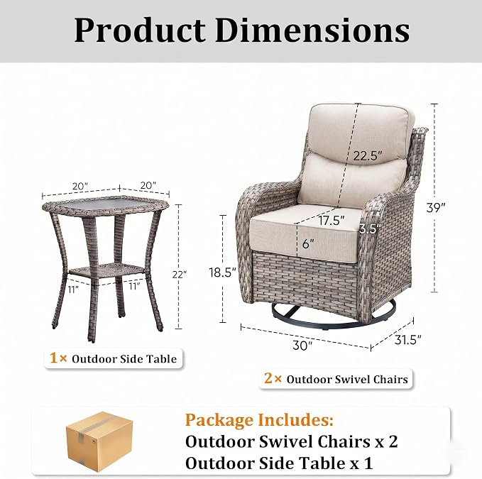 Luxury Outdoor Swivel Rocker Patio Chairs Set of 3, High Back Swivel Patio Chairs with Side Table & 6-Inch Thick Cushions, Wicker Outdoor Bistro Set for Porch, Yard, Deck, Poolside, Grey/Beige