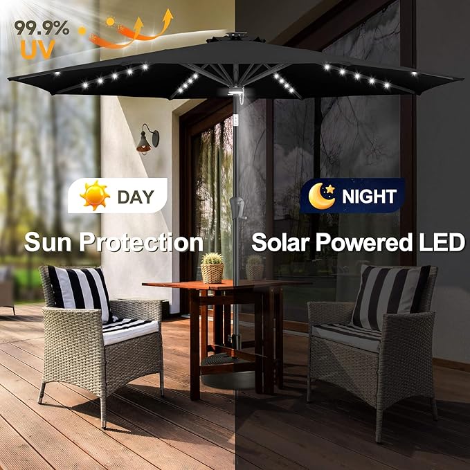 FLAME&SHADE 9 FT outdoor umbrella with 40LED lights, solar light patio umbrella with Centre Surround Light, Table Market Umbrella Outdoor Patiofor Deck, Pool, Backyard, Garden (Black)