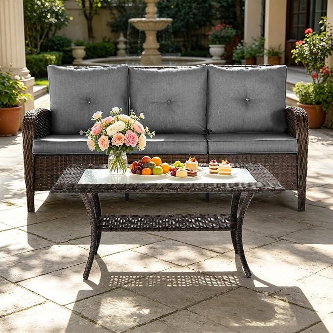 SHGJ&SOFT All Weather Patio Furniture Set, High Back Swivel Rocker Glider Chairs，Ottomans & Glass Tables, Outdoor Conversation Set for Deck Porch Yard Poolside (Grey, 2PCS-Sofa&Table)
