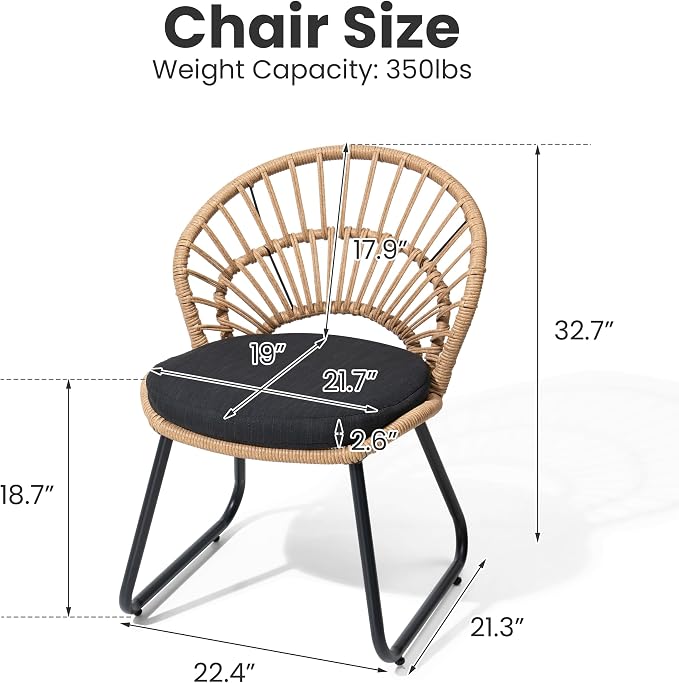 Rattan Patio Dining Chairs Set of 4, Hand-Woven Wicker Outdoor Chair | Shell Shaped Back with 2.6” Black Cushion, Sled Metal Frame Patio Side Chairs for Garden Backyard Porch