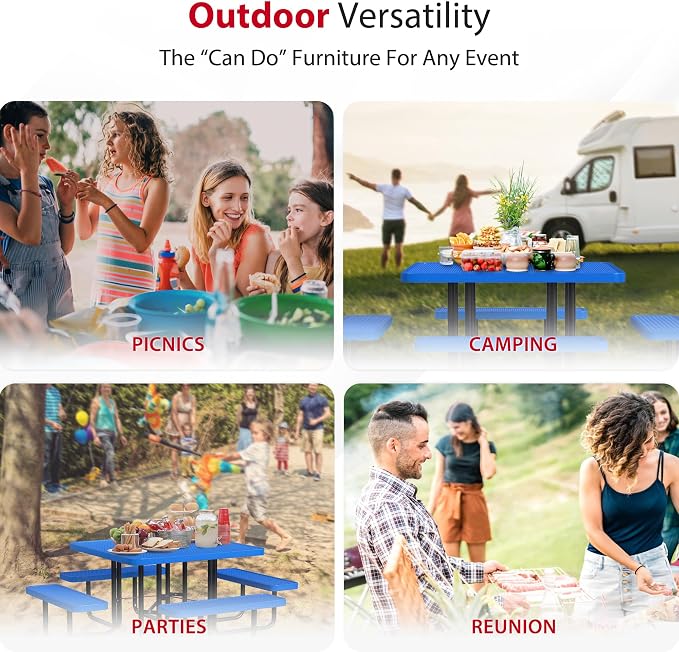 Leisure Craft Metal Picnic Table with Bench - 46" Square Outdoor Dining Table for 8 with Umbrella Hole, Weatherproof Heavy Duty Thermoplastic Coating, Commercial Grade Furniture Made in USA - Blue