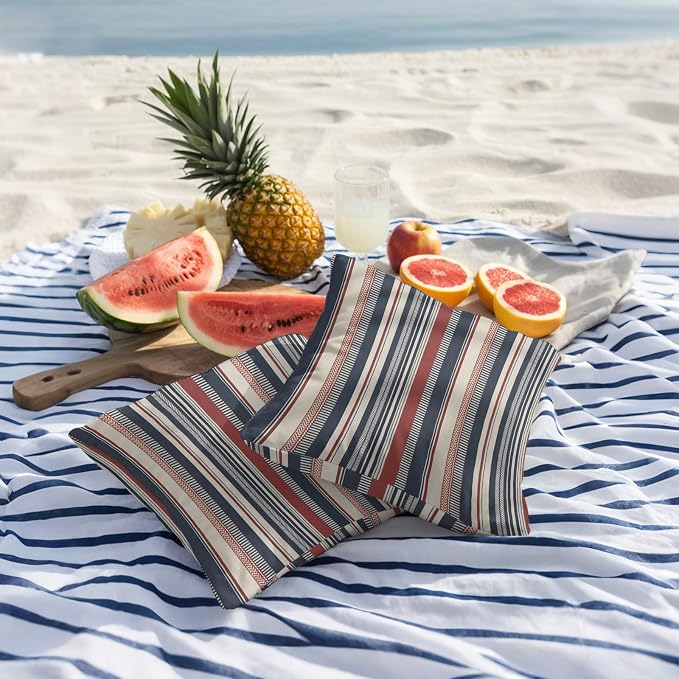 Red Blue Beige Outdoor Pillow Covers 16x16 Inch Throw Pillow Covers Set of 2 Waterproof Decorative Pillow Cases Boho Retro Colorful Abstract Striped Cushion Covers for Patio Furniture Garden Couch