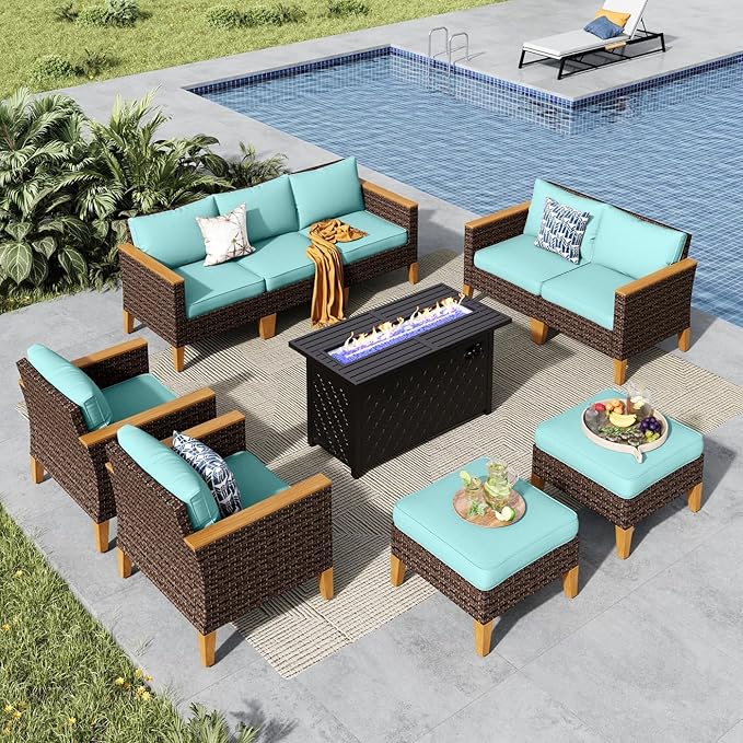 MFSTUDIO 9 Piece Wicker Patio Furniture Set with Fire Pit Table, 2 x Single Chair, 2 x Ottoman, Loveseat Sofa, 3-Seat Sofa, Outdoor Rattan Patio Conversation Set for Garden(Aqua Blue Cushions)