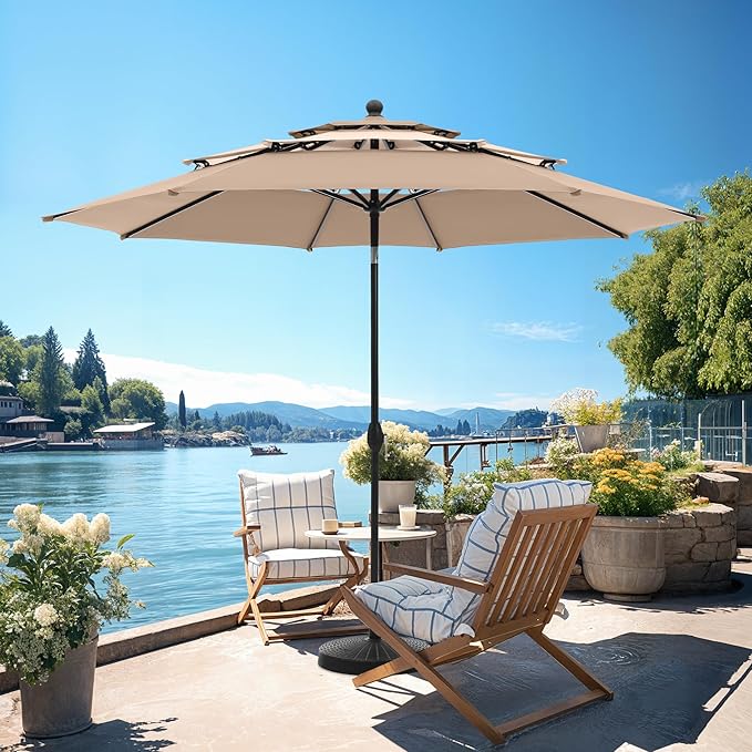 PHI VILLA 10ft Outdoor Patio Umbrella for Outside, 3 Tier Vented Round Market Table Umbrella Windproof for Backyard, Deck, Garden, Beige & Tan(No Base)