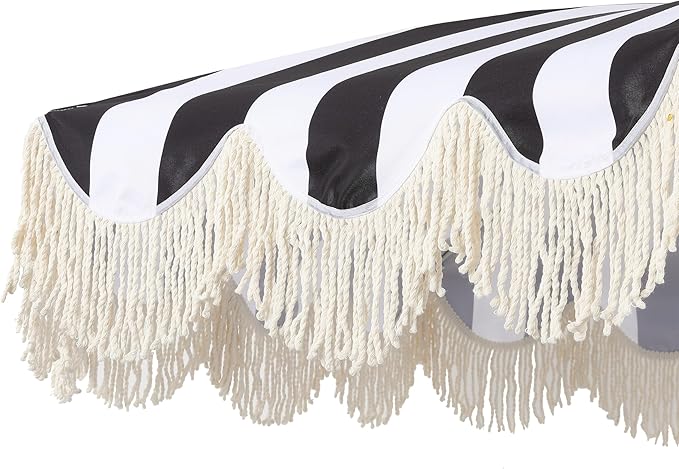 JONATHAN Y Mariner 6.5 ft. Beach Umbrella, Black/White Striped with Fringe, Push-Button Tilt, UPF 50+ Sun Protection and Carrying Bag for Patio and Pool, White Pole UMB1003Q