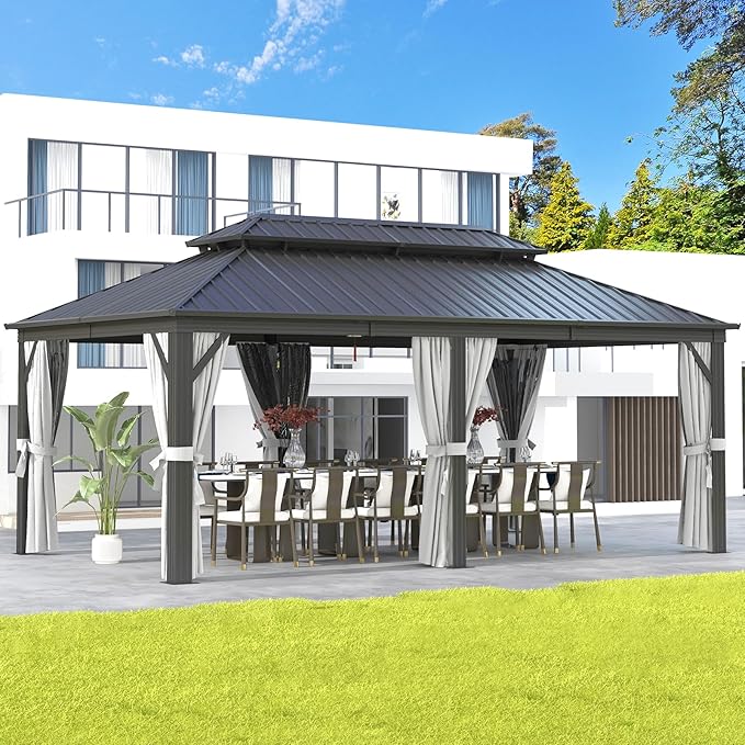 Aoxun 20Ft X 12Ft Hardtop Gazebo, Aluminum Metal Outdoor Gazebo with Breathable Netting and Curtains, Galvanized Steel Double Top, Permanent Patio Pavilion for Backyard, Wedding, Party