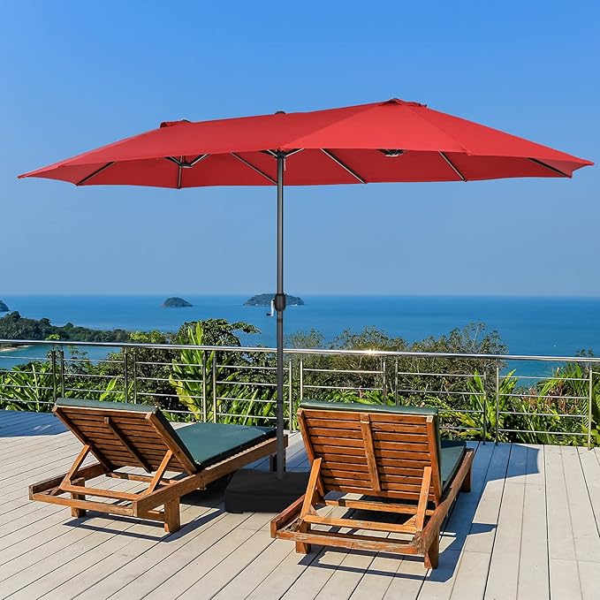 Tangkula 15FT Double-Sided Patio Umbrella, Outdoor Market Umbrella W/Hand-Crank System & Enhanced Base, Ultra-Large Twin Garden Umbrella W/ 12-Rib Structure for Residential & Commercial Use (Wine)