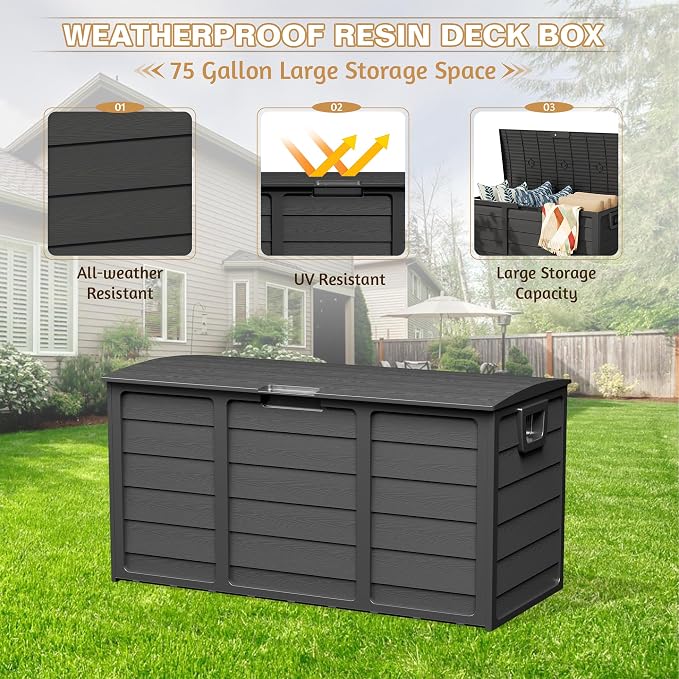 75 Gallon Outdoor Deck Storage Box - Heavy Duty Resin Container with Lockable Lid & Handles for Patio, Garden, Yard - Weatherproof (Black)