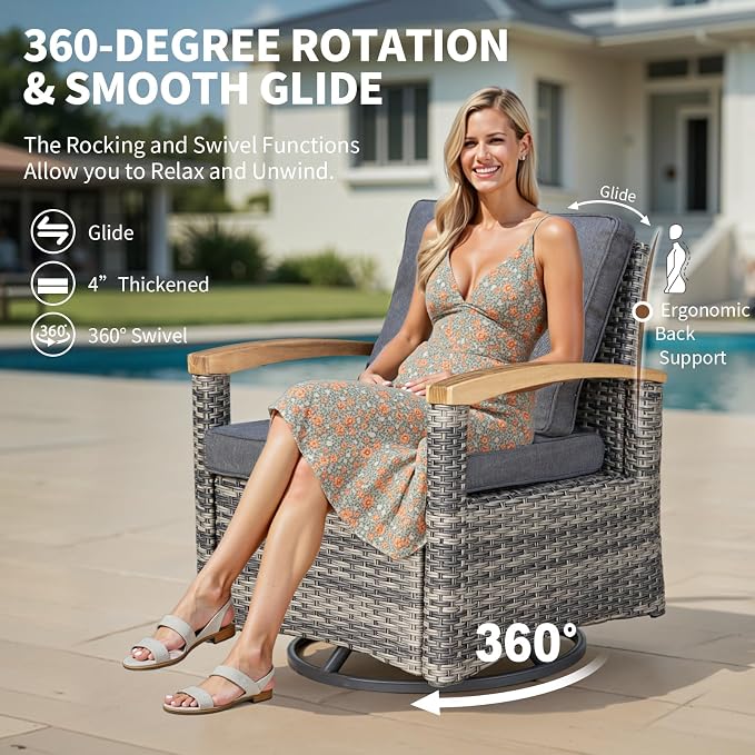 MEISSALIVVE 7 Pieces Patio Furniture Sets, PE Wicker Outdoor Conversation Sets with 2 Wood Armrests Swivel Rocker Chairs, 2 Ottomans, 2-seat Sofa and Dining Table (Grey)