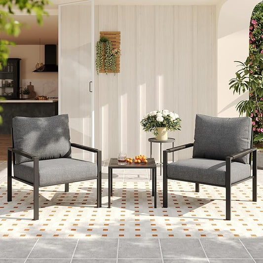 3 Pieces Rattan Outdoor Furniture Set, All-Weather Patio Conversation Set with Dark Grey Cushions and Coffee Table for Garden, Backyard, Balcony, Poolside