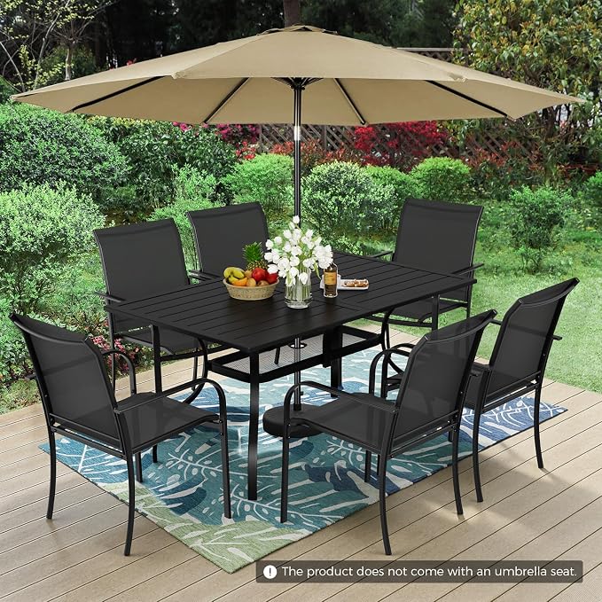 Incbruce 8 Pieces Patio Dining Set with Brown Umbrella, Outdoor Dining Set of 6 Textilene Chairs and Rectangle Table with Umbrella Hole for Backyard, Garden, and Poolside (Black)