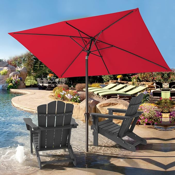 JEAREY 6.5x10ft Olefin Rectangular Patio Umbrella, Rectangle Outdoor Umbrellas with Auto Tilt Crank System, Market Table Umbrella UV Protection Fade-Resistant for Pool Deck Garden Yard, Red