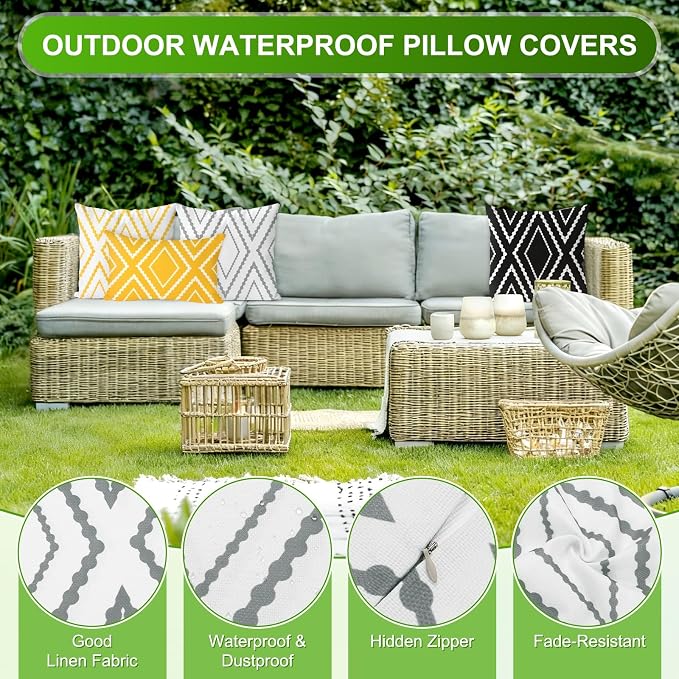 M METERXITY 2Pcs Boho Pillow Cover 12x20 Linen White Gray Stripe | Water Resistant Boho Geometric Slipcover, for Patio, Balcony, Garden, Decor Pillow Case