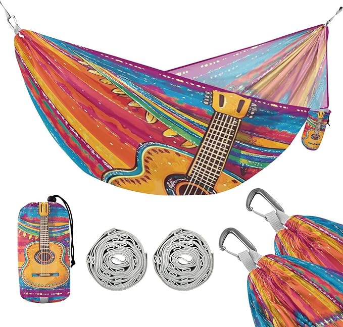 Mexican Cinco De Mayo Guitar Colorful Outdoor Hammock with Tree Straps Tree Hammock for Outside Beach Patio Garden