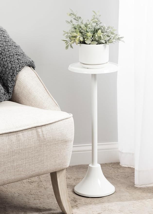 Kate and Laurel Sanzo Modern Pedestal Outdoor Drink Table; 9 x 9 x 23; White; Decorative Outdoor Patio Table for Deck with Hammered Tabletop for Use as Small Plant Stand or Living Room Martini Table